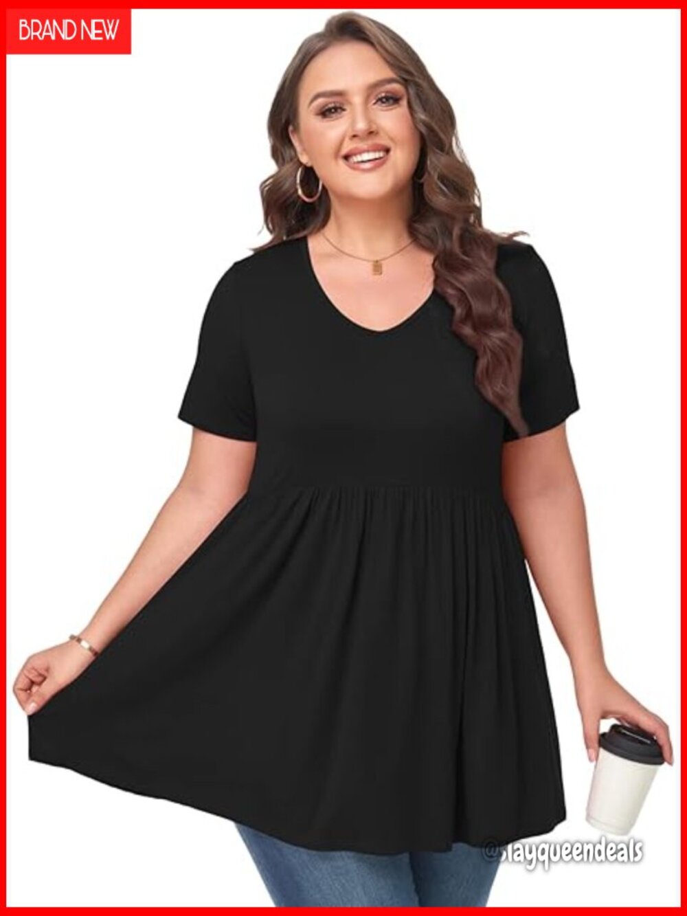Plus Size Babydoll Tunic Top Loose Fit V-Neck Short Sleeve Blouse